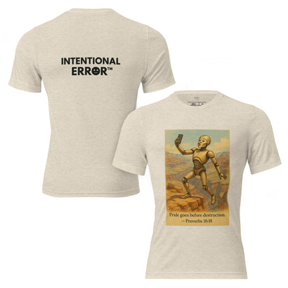 T-shirt featuring a robot taking a duck-lip selfie at the Grand Canyon with caption: “Pride goes before destruction.”