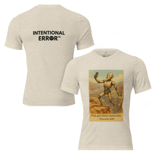 T-shirt featuring a robot taking a duck-lip selfie at the Grand Canyon with caption: “Pride goes before destruction.”
