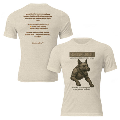 T-shirt featuring a robotic Belgian Malinois with the text “Maligator 3.0 – Digital Tracking Officer.” Satire of predictive policing.