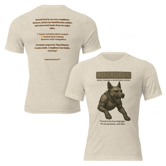 T-shirt featuring a robotic Belgian Malinois with the text “Maligator 3.0 – Digital Tracking Officer.” Satire of predictive policing.