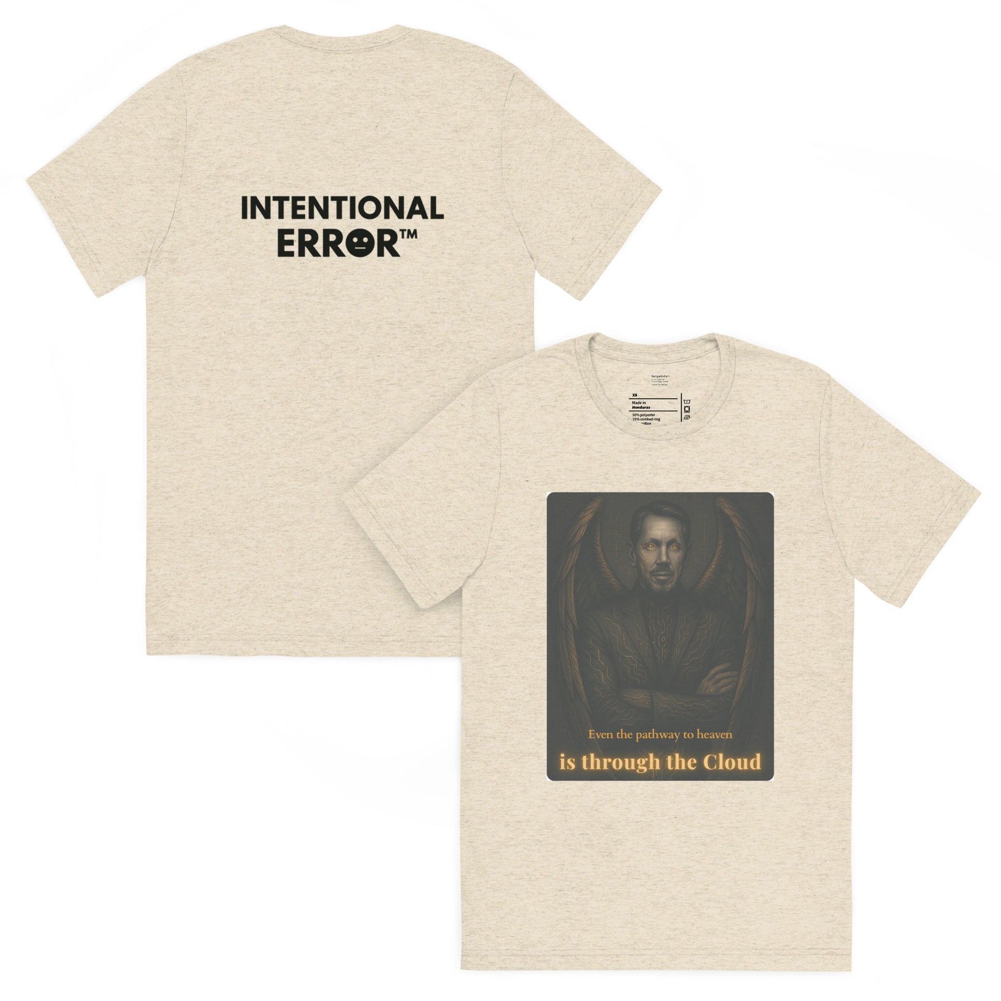 Beige t-shirt with 'Intentional Error' text on the back and a graphic on the front.