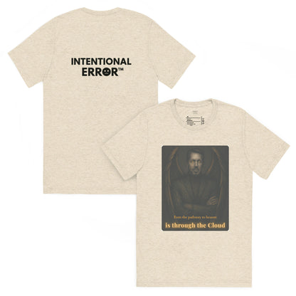 Beige t-shirt with 'Intentional Error' text on the back and a graphic on the front.