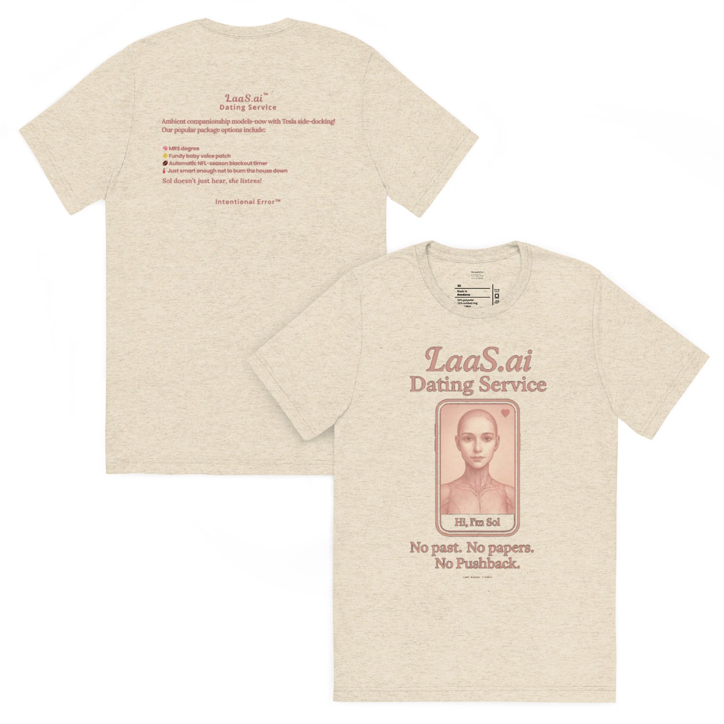 Back and front mockups of Intentional Error's LaaS.ai Dating Service graphic T-shirt in oatmeal.