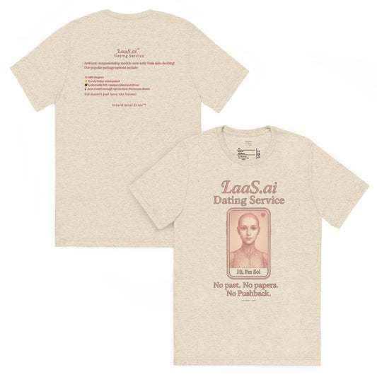 Back and front mockups of Intentional Error's LaaS.ai Dating Service graphic T-shirt in oatmeal.