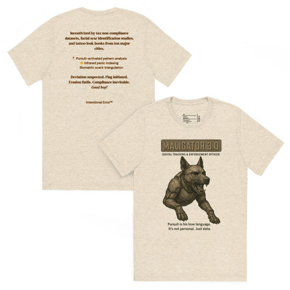 Back and front mockups of Intentional Error's Maligator 3.0 graphic T-shirt in oatmeal. 