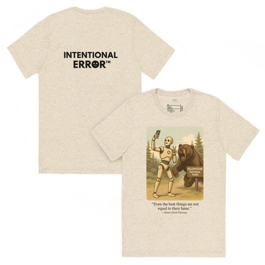 Back and front mockups of Intentional Error's Bearly Surviving graphic T-shirt in oatmeal. 