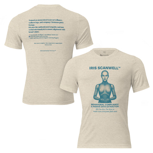 Back and front mockups of Intentional Error's Iris Scanwell graphic T-shirt in oatmeal.