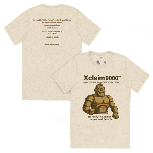 Back and front mockups of Intentional Error's Xclaim 9000 graphic T-shirt in oatmeal.