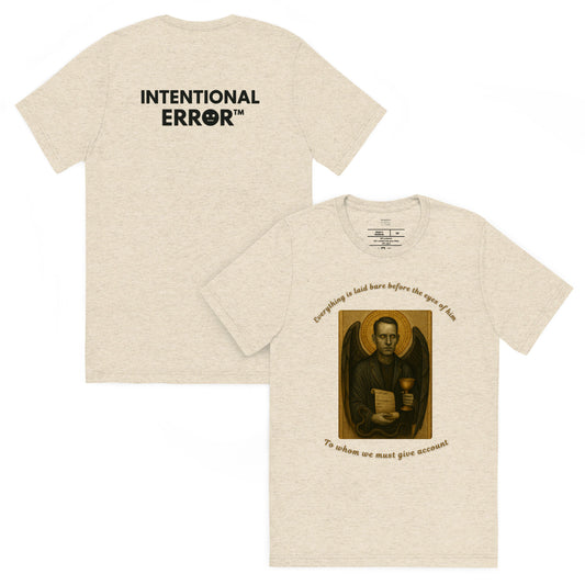 Beige t-shirt with 'Intentional Error' text on the back and a religious-style portrait on the front.