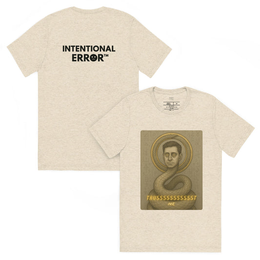 Beige t-shirt with 'Intentional Error' text on front and vintage-style portrait on back