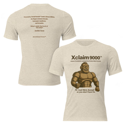 Ghost mockup depicting front and back images of Intentional Error's Xclaim 9000 graphic t-shirt design in Oatmeal.