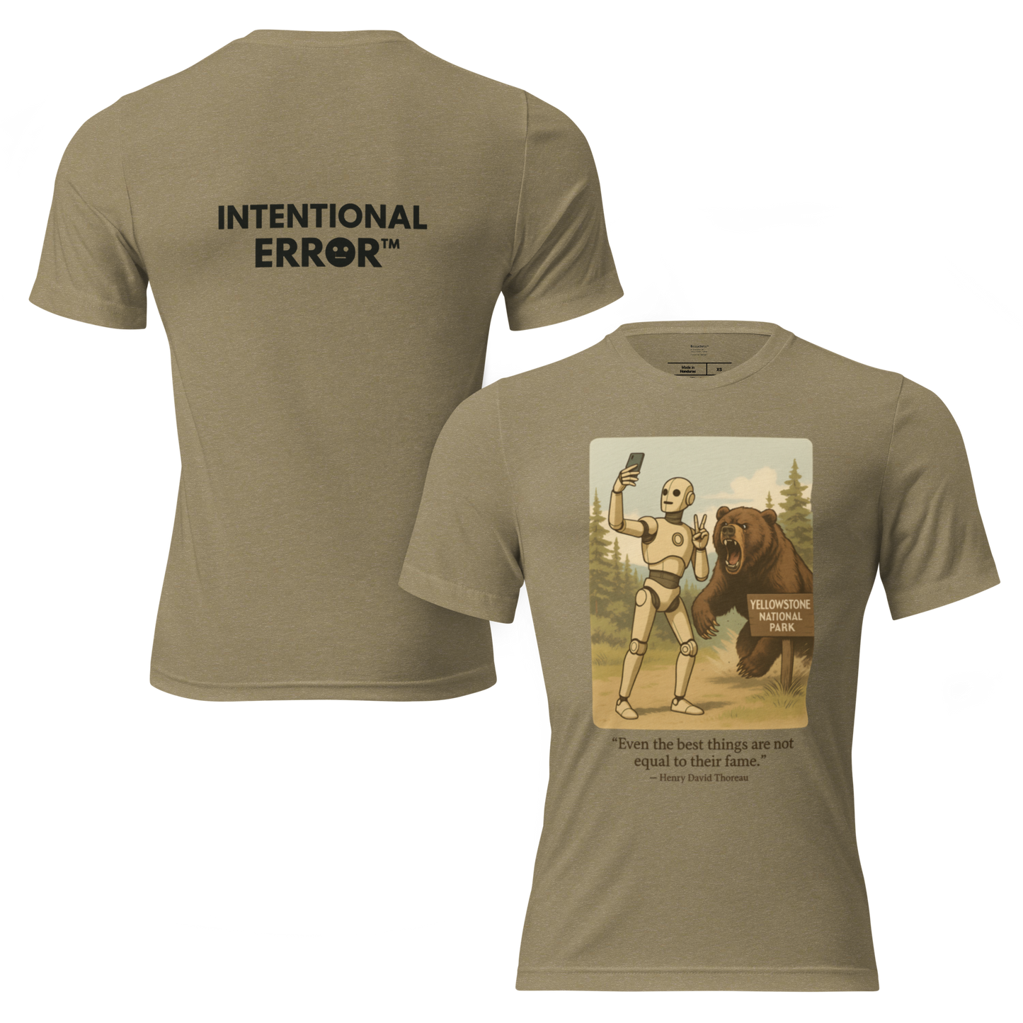 T-shirt featuring a robot taking a selfie in front of a roaring bear at Yellowstone National Park. Satirical AI influencer design.