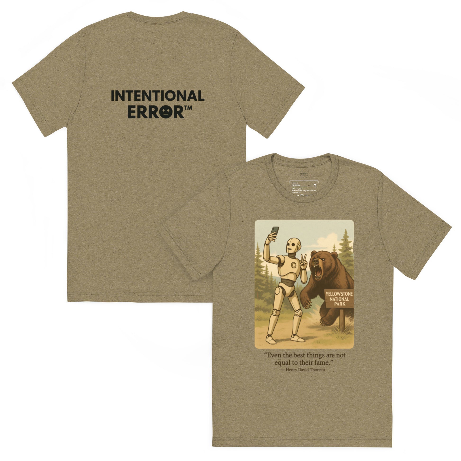 Back and front mockups of Intentional Error's Bearly Surviving graphic T-shirt in olive.
