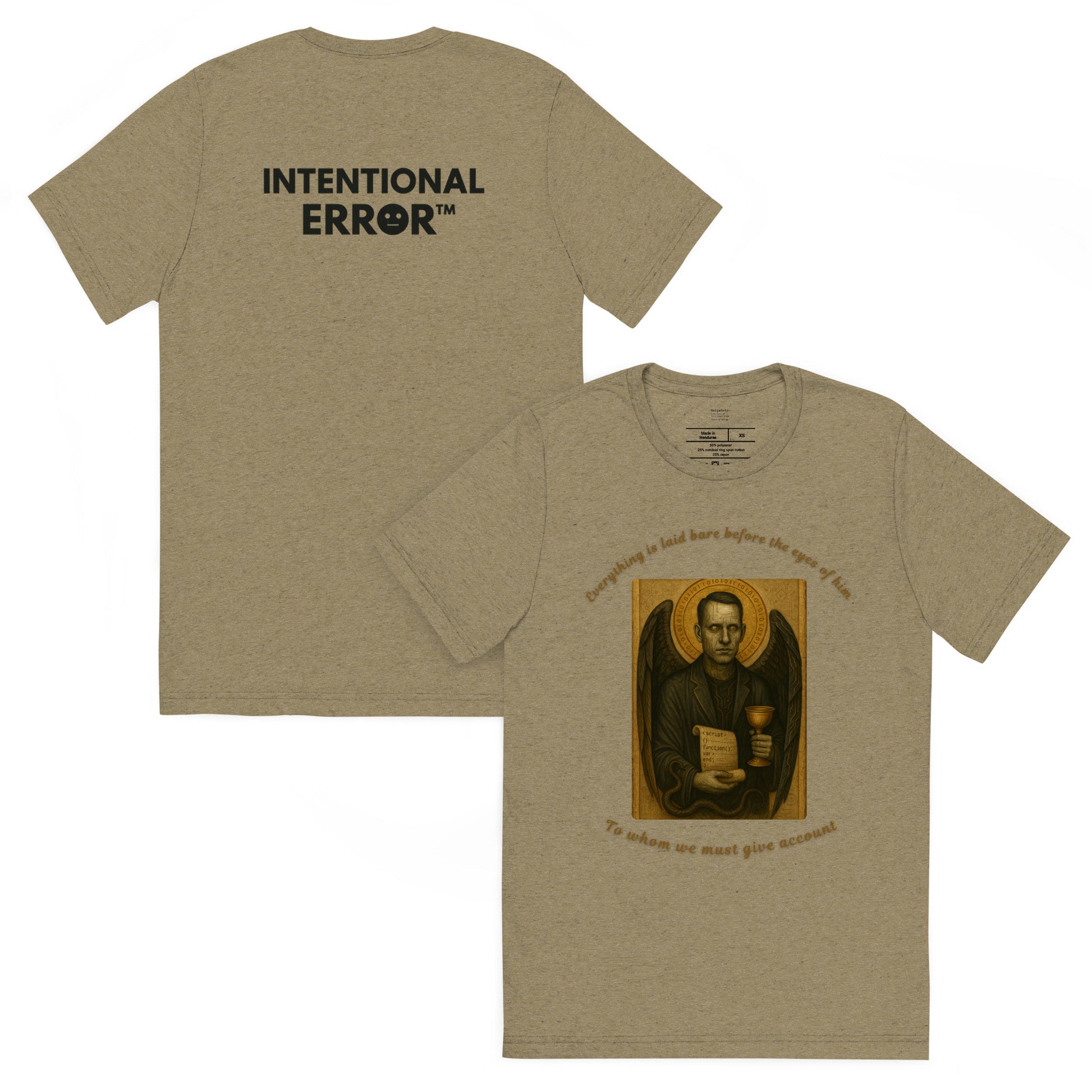 Olive t-shirt with a graphic design on the front and text on the back, displayed on a white background.