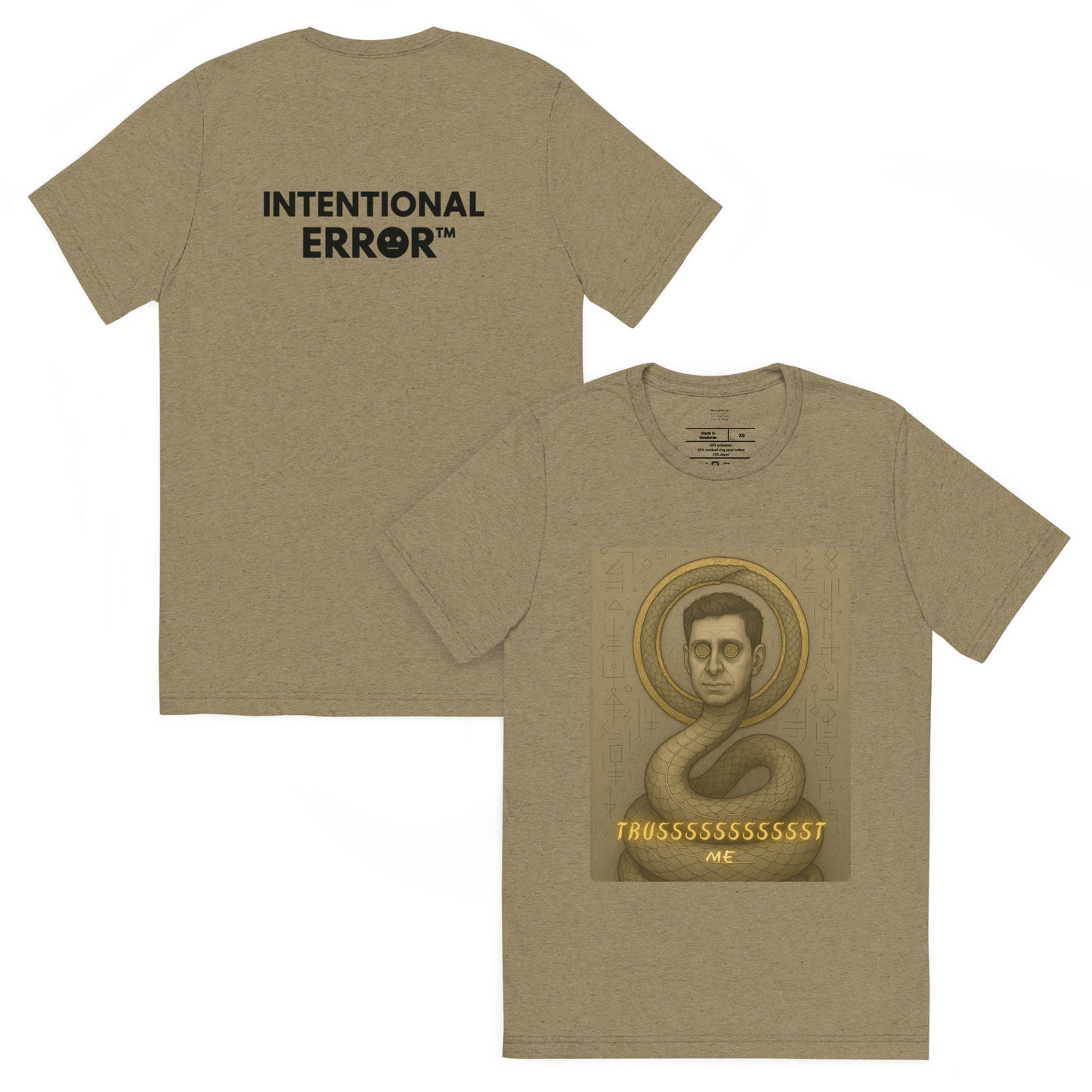 Olive t-shirt with graphic design and text on a white background