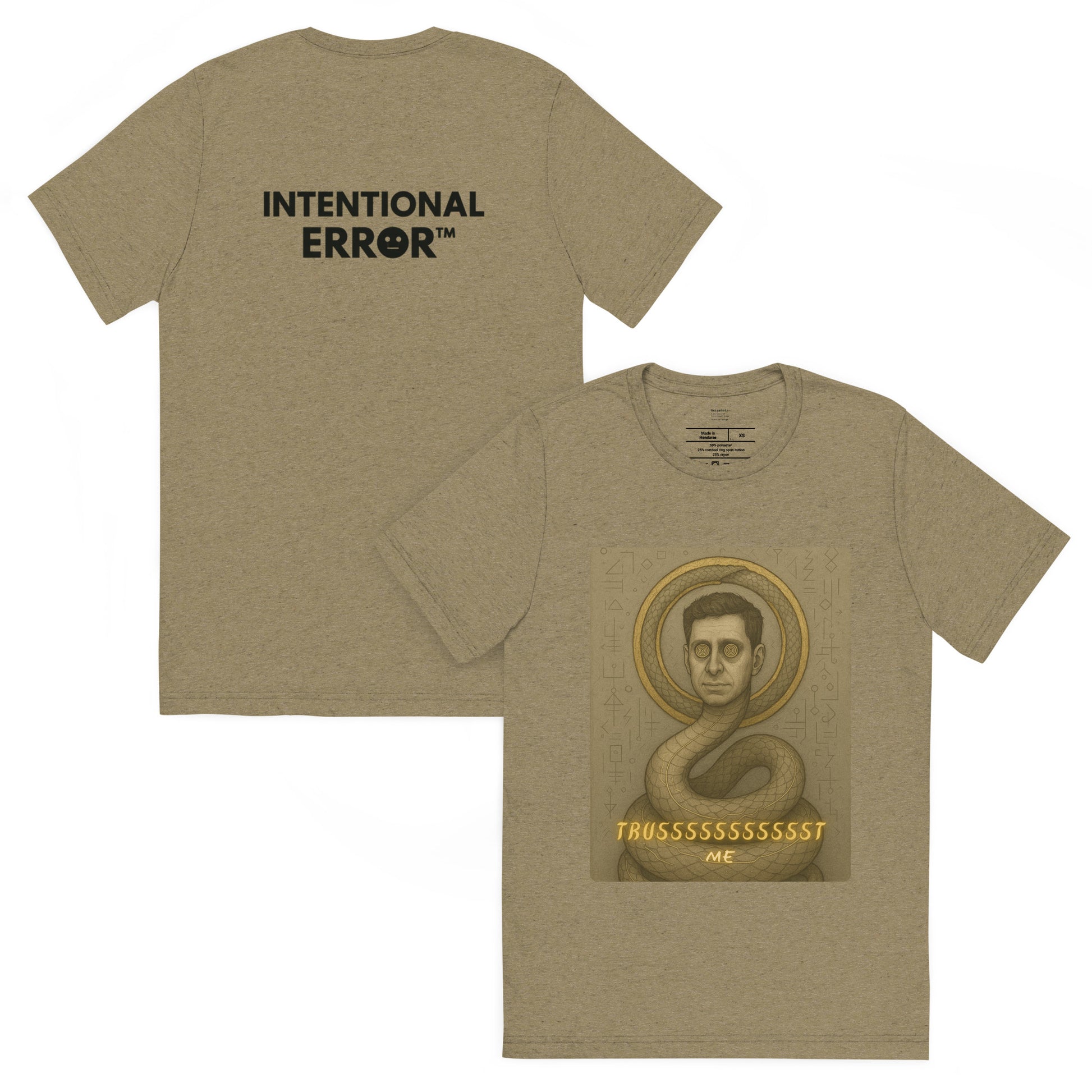 Olive t-shirt with graphic design and text on a white background