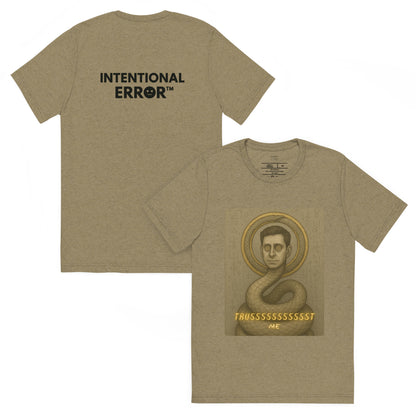 Olive t-shirt with graphic design and text on a white background