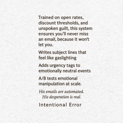 Back of Intentional Error's Chimpforce 360™ shirt with deadpan corporate satire about A/B testing, inbox guilt, and the sad little monkey behind your email funnel.