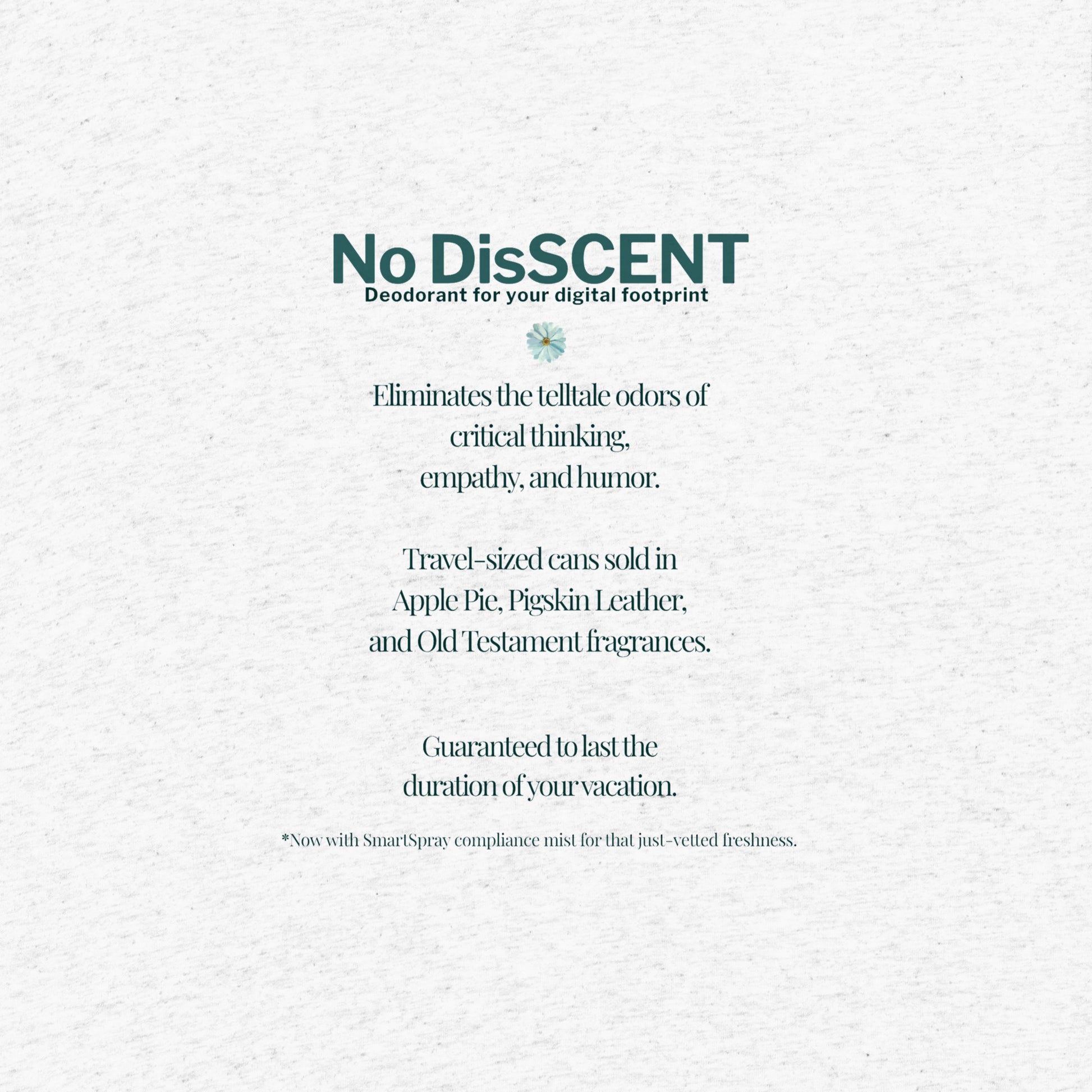 No DisSCENT shirt back tile – satirical copy listing Apple Pie and Pigskin Leather surveillance-friendly scents