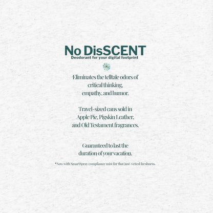 No DisSCENT shirt back tile – satirical copy listing Apple Pie and Pigskin Leather surveillance-friendly scents