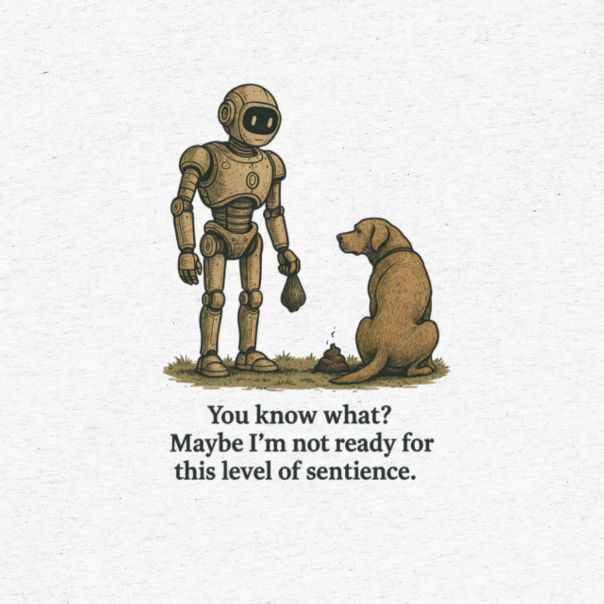 Satirical t-shirt design featuring a sleek robot holding a poop bag, facing a giant dog, with the tagline “Maybe I’m Not Ready for This Level of Sentience.” Part of the BeigeBots™ parody line.