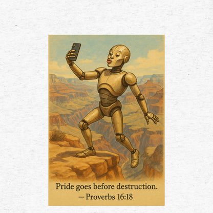 T-shirt featuring a robot taking a duck-lip selfie at the Grand Canyon with caption: “Pride goes before destruction.”