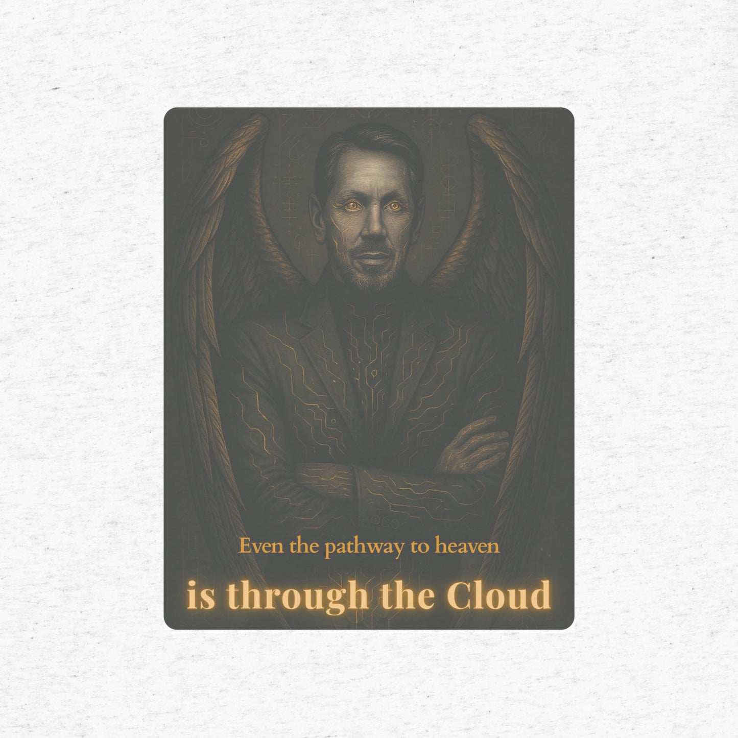 Portrait of a man with text 'Even the pathway to heaven is through the Cloud' on a textured T-shirt background