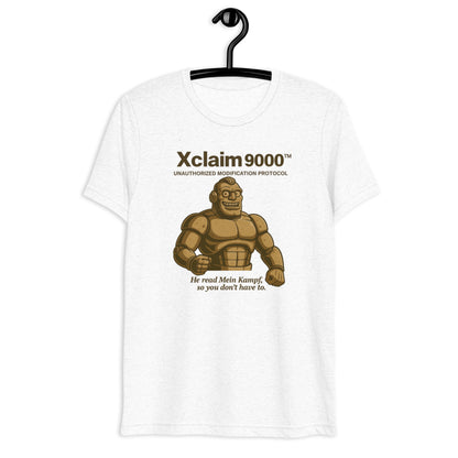 White t-shirt with a graphic of a muscular figure and text on a hanger against a white background