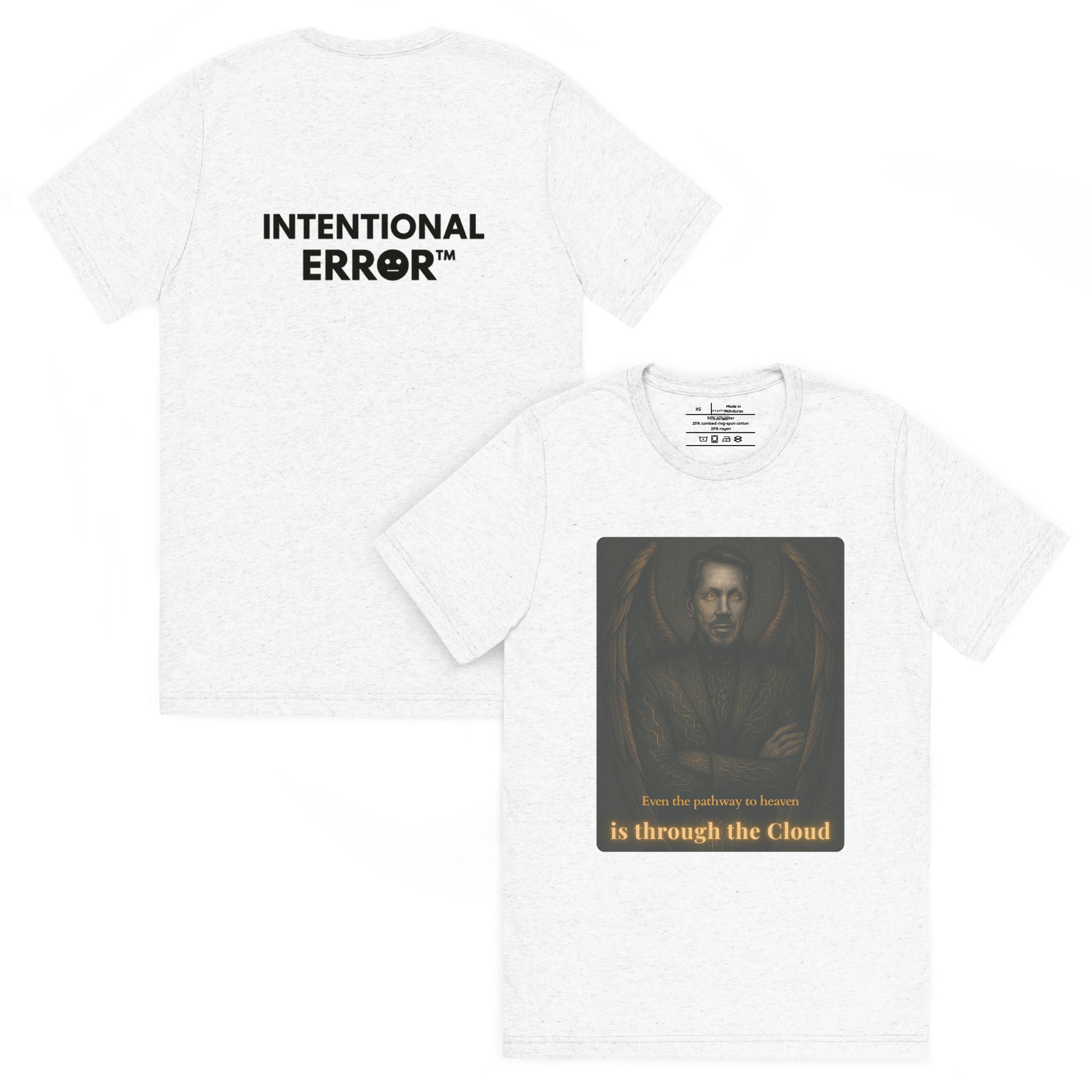 Two white t-shirts with different designs on a white background