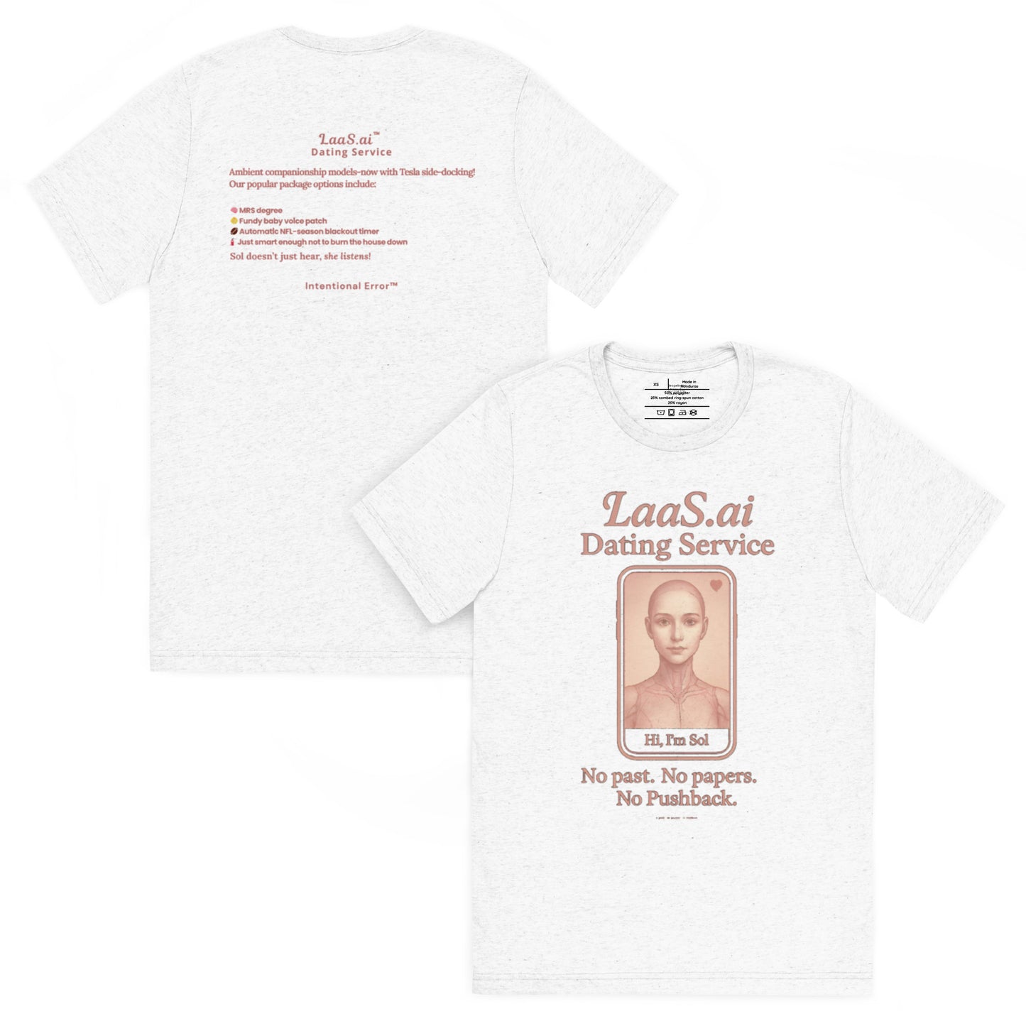 Back and front mockups of Intentional Error's LaaS.ai Dating Service graphic T-shirt in white.