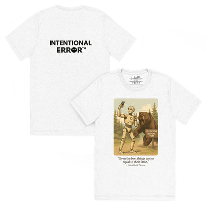 Back and front mockups of Intentional Error's Bearly Surviving graphic T-shirt in white.