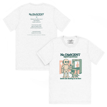 Back and front mockups of Intentional Error's No DisSCENT graphic T-shirt in white.