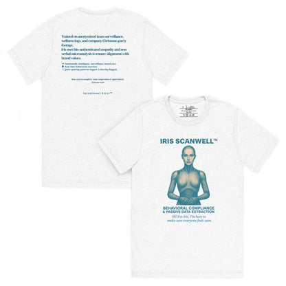 Back and front mockups of Intentional Error's Iris Scanwell graphic T-shirt in white.