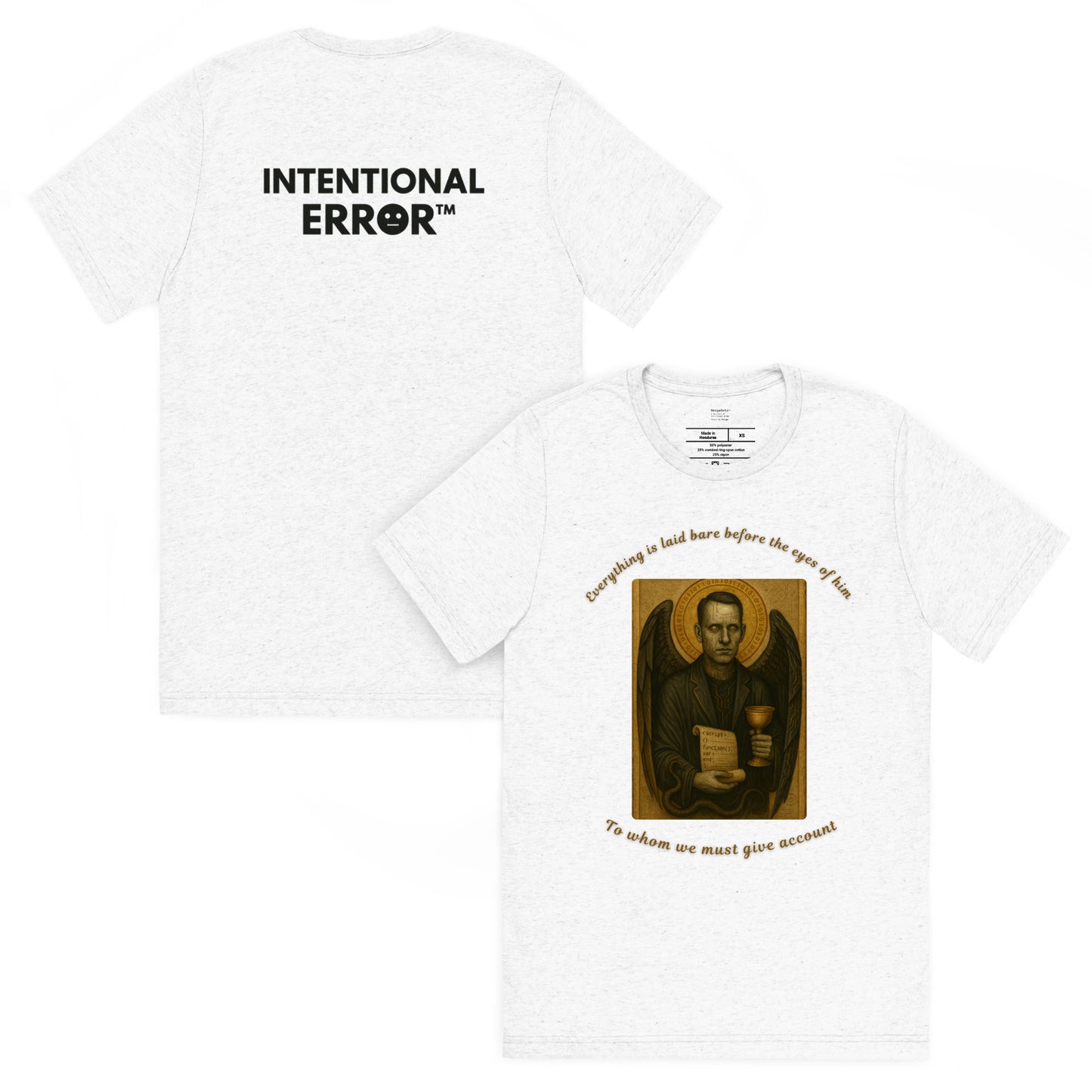 Two white t-shirts with different designs on a white background
