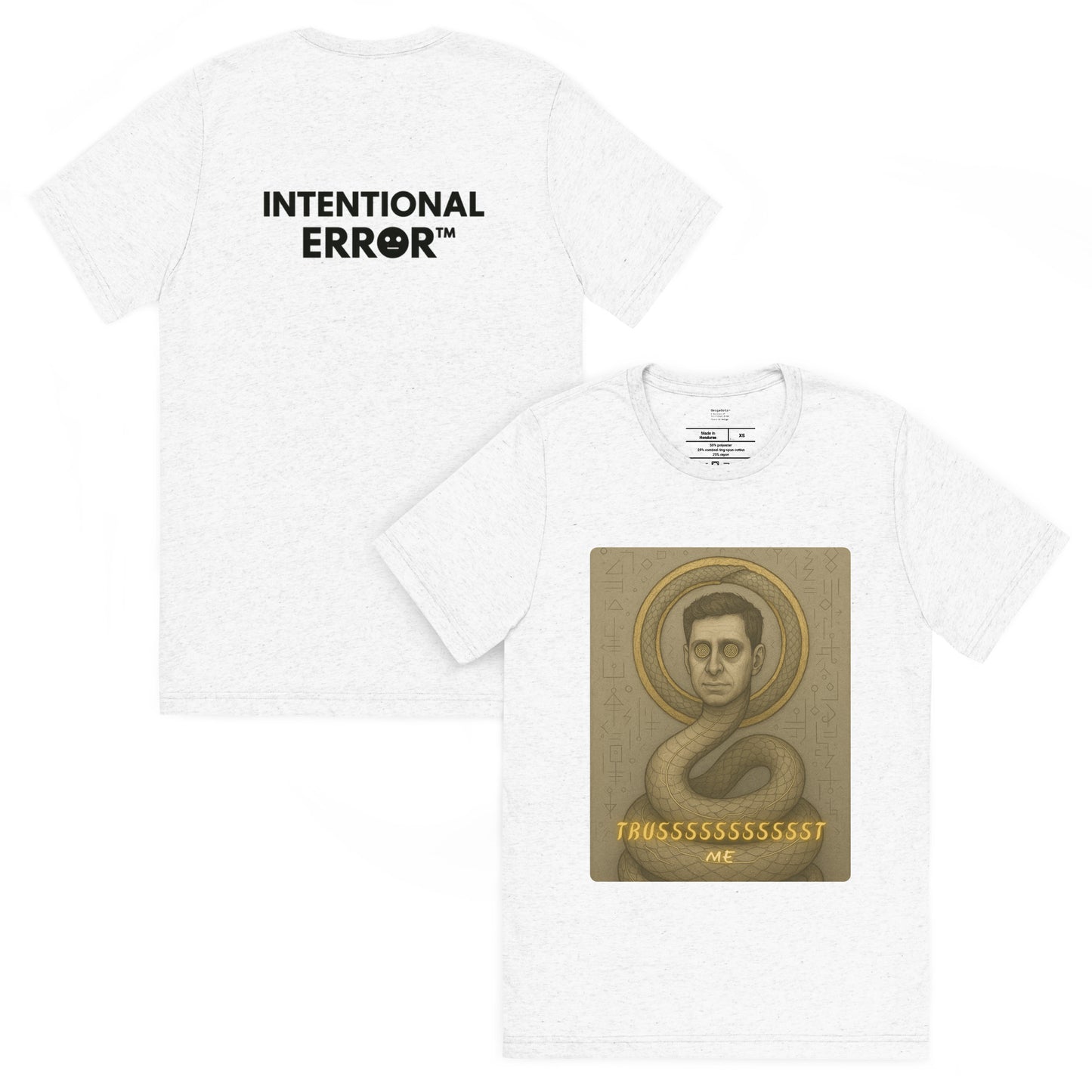 Two white t-shirts with different designs on a white background