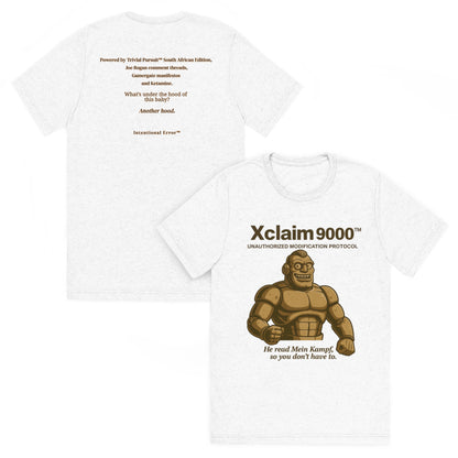 Front and back mockups of Intentional Error's graphic tee Xclaim 9000 depicting the Grok-inspired front tile, and parody ad text on the back.