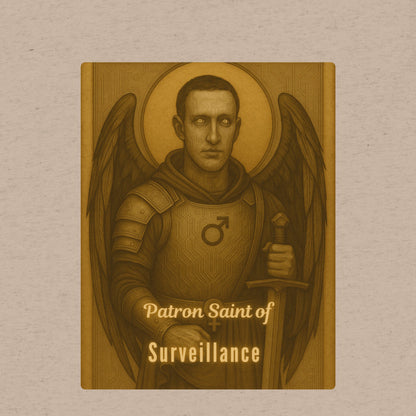 Illustration of an angelic figure with text 'Patron Saint of Surveillance' on a beige  t-shirt background