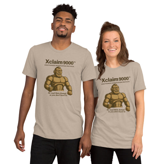 Two people, male and female wearing Intentional Error's tan graphic t-shirt with displaying the grok-inspired Xclaim 9000 design