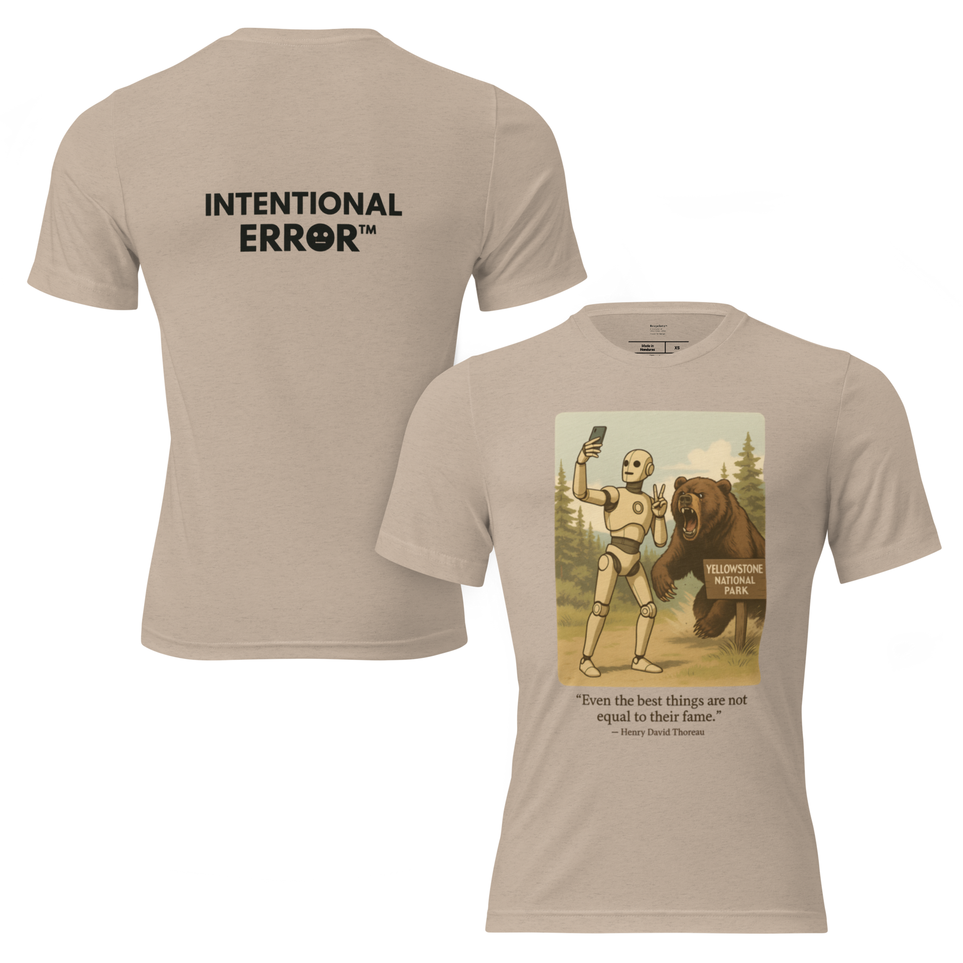 T-shirt featuring a robot taking a selfie in front of a roaring bear at Yellowstone National Park. Satirical AI influencer design.