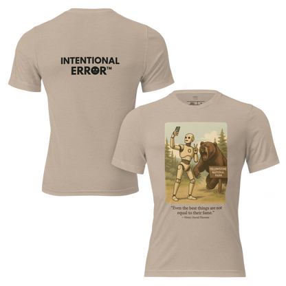 T-shirt featuring a robot taking a selfie in front of a roaring bear at Yellowstone National Park. Satirical AI influencer design.