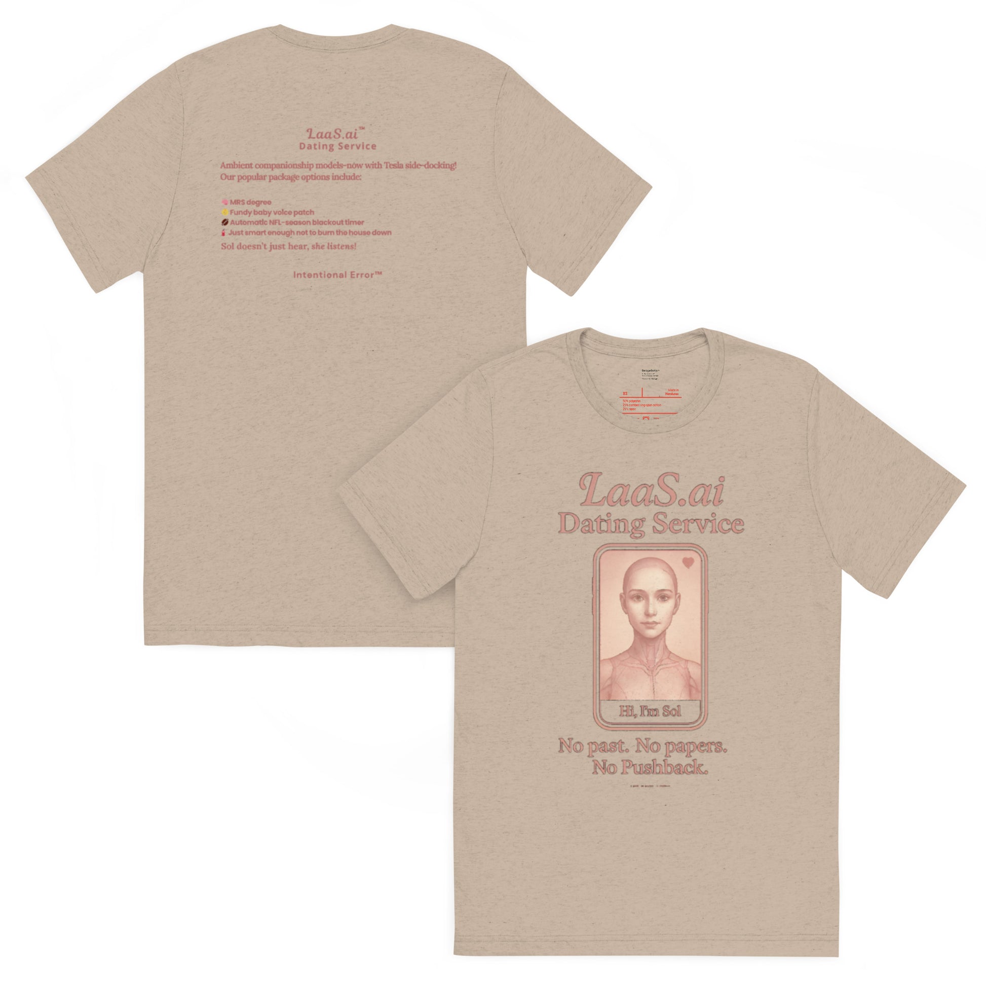 Back and front mockups of Intentional Error's LaaS.ai Dating Service graphic T-shirt in tan.