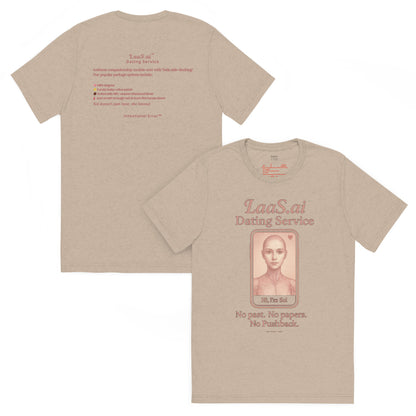 Back and front mockups of Intentional Error's LaaS.ai Dating Service graphic T-shirt in tan.