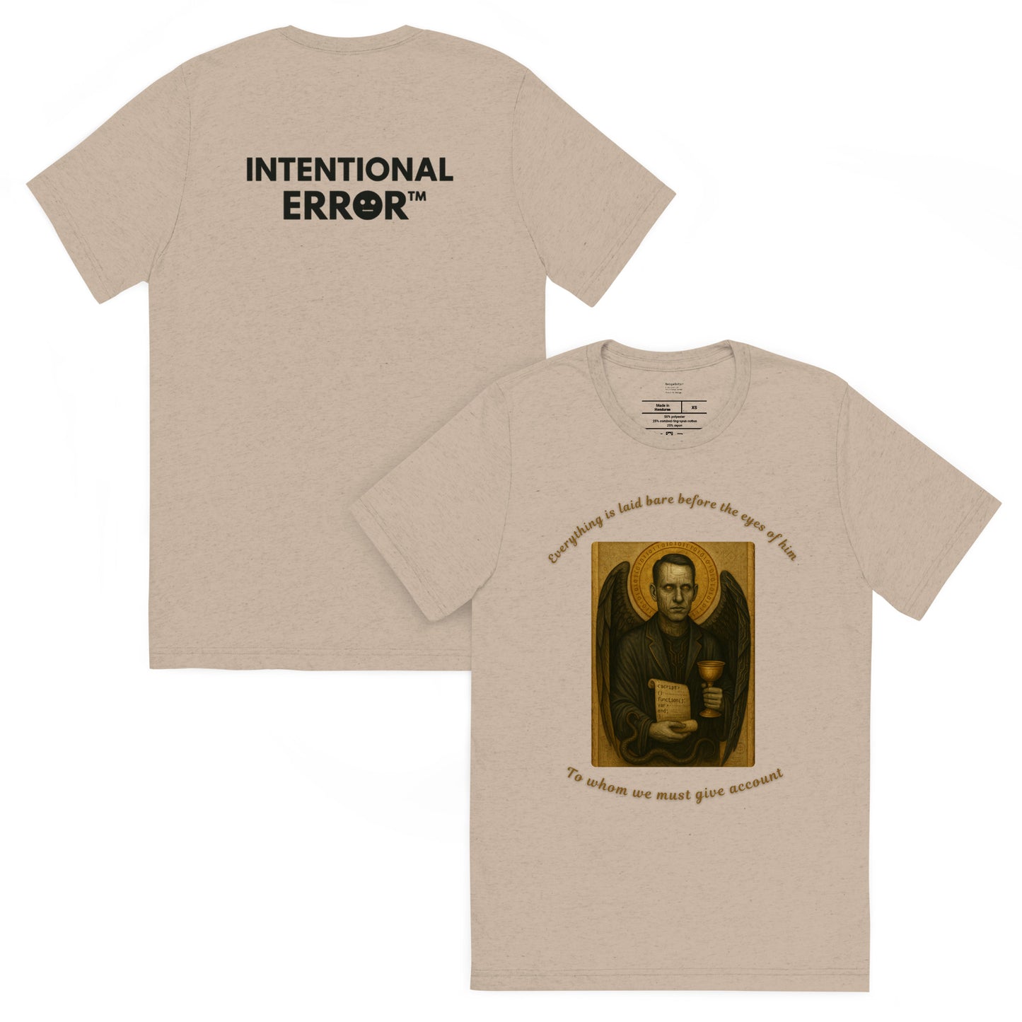 Beige t-shirt with a printed design on the front and 'Intentional Error' text on the back.
