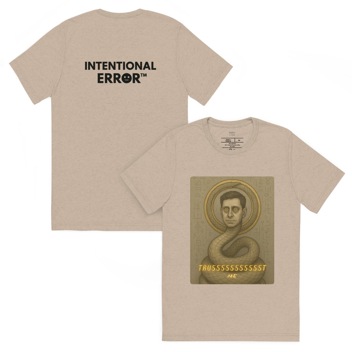 Beige t-shirt with 'Intentional Error' text on the front and graphic design on the back.