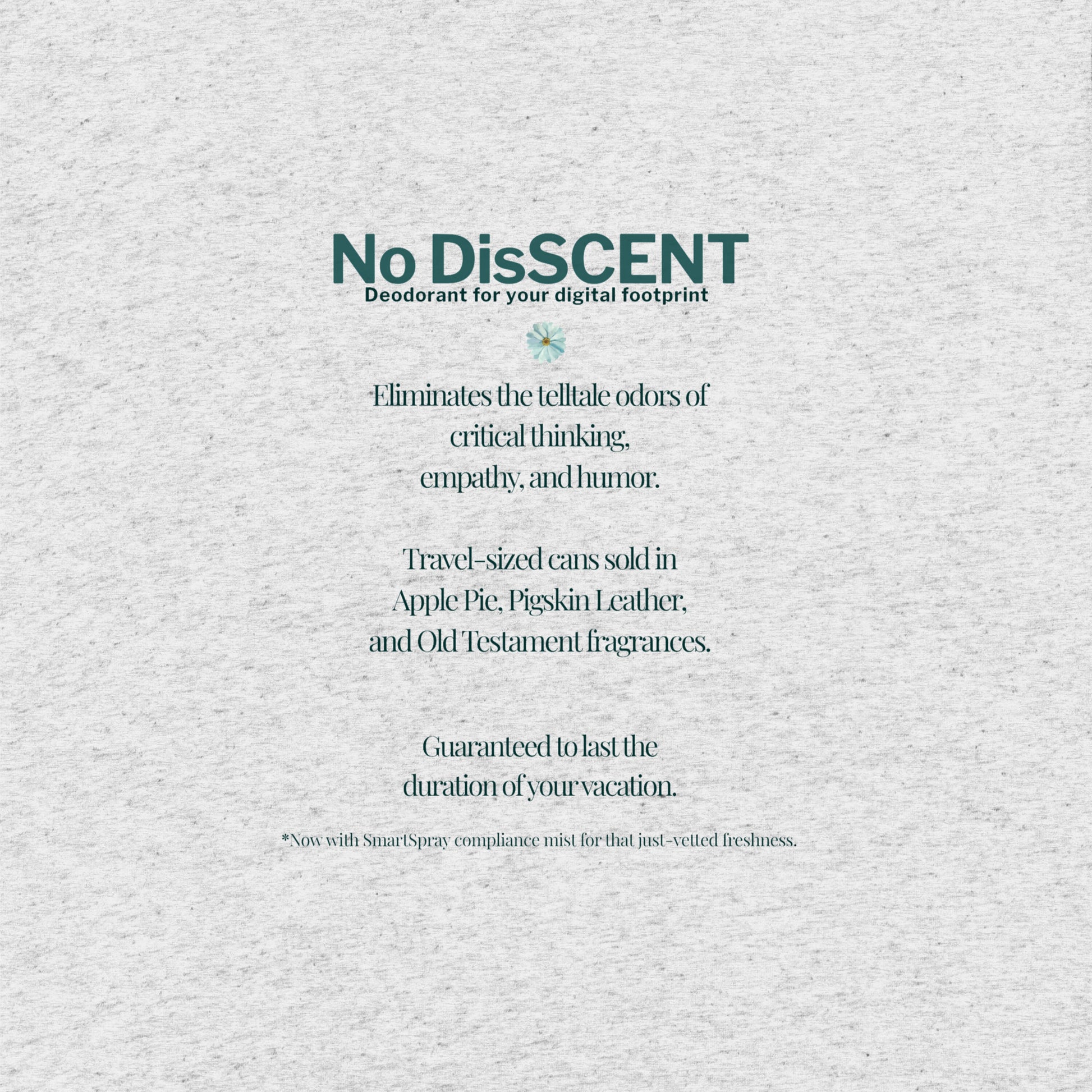 No DisSCENT shirt back tile – satirical copy listing Apple Pie and Pigskin Leather surveillance-friendly scents
