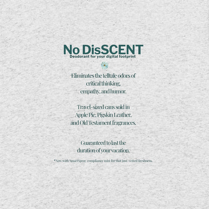 No DisSCENT shirt back tile – satirical copy listing Apple Pie and Pigskin Leather surveillance-friendly scents