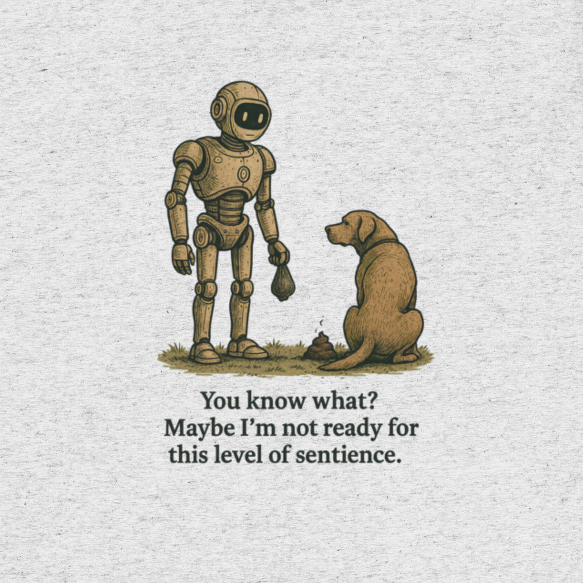 Satirical t-shirt design featuring a sleek robot holding a poop bag, facing a giant dog, with the tagline “Maybe I’m Not Ready for This Level of Sentience.” Part of the BeigeBots™ parody line.