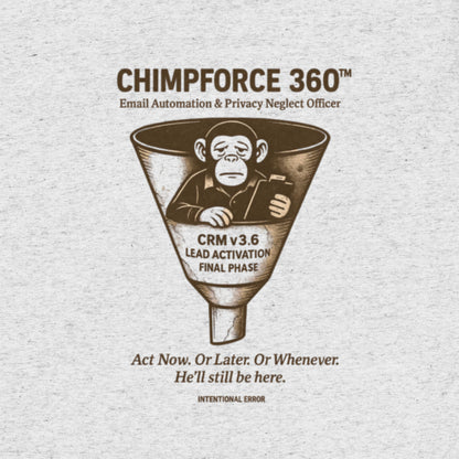 T-shirt featuring a robotic chimp slumped in a marketing funnel with “CRM v3.6 Lead Activation Final Phase.” Email satire graphic.