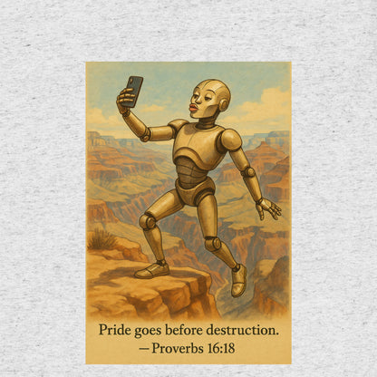 T-shirt featuring a robot taking a duck-lip selfie at the Grand Canyon with caption: “Pride goes before destruction.”