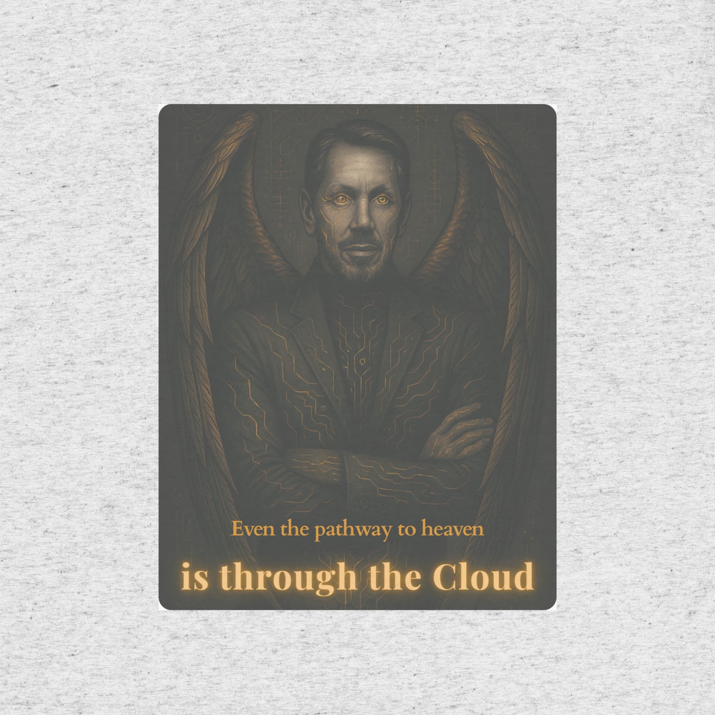 Dark-themed artwork with a person and text on a textured gray T-shirt background